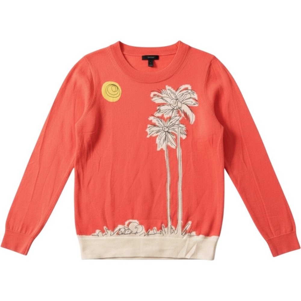 J. Crew Factory Coral Palm Tree Crewneck Sweater with Yellow Sun Accent